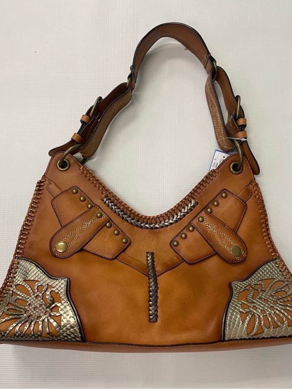 Rare ! Cole Haan Cognac Leather Shoulder Bag with Gold Accents